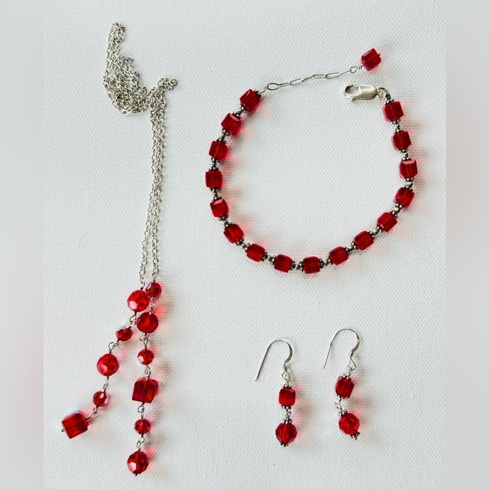 Vintage Sterling Sliver Swarovski Ruby Crystal Necklace, Bracelet & Earrings Set